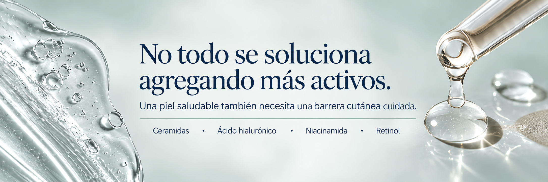 Banner de skincare con pipeta y burbujas